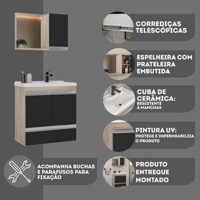 Conjunto Gabinete Banheiro Fox 60cm (gabinete + Cuba + Espelheira) Madeirado Preto
