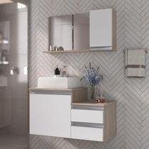 Conjunto Gabinete Banheiro Cross 80 (gabinete+espelheira+cuba) Madeirado Branco