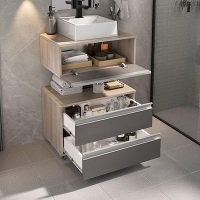 Conjunto Gabinete Banheiro Creta 60cm (gabinete+espelheira+cuba) Madeirado Cinza