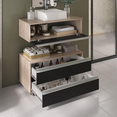Conjunto De Gabinete Banheiro Creta 80cm (gabinete+cuba+espelheira) Madeirado Preto