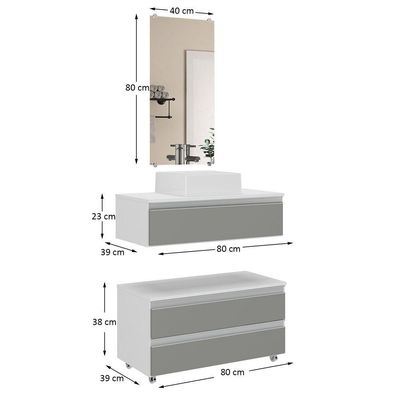 Conjunto De Gabinete Banheiro Creta 80cm (gabinete+cuba+espelheira) Branco Cinza