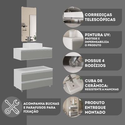 Conjunto De Gabinete Banheiro Creta 80cm (gabinete+cuba+espelheira) Branco Cinza