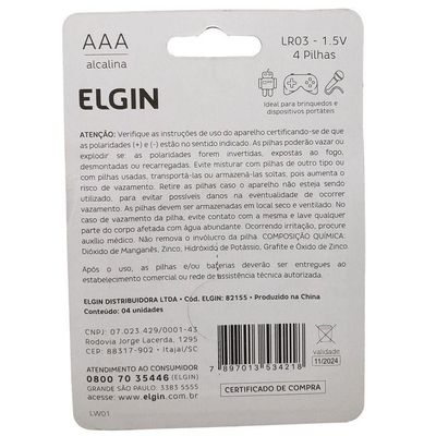 Pilha Alcalina Aaa Elgin Energy Lr03 1,5v Palito 1 Unidade