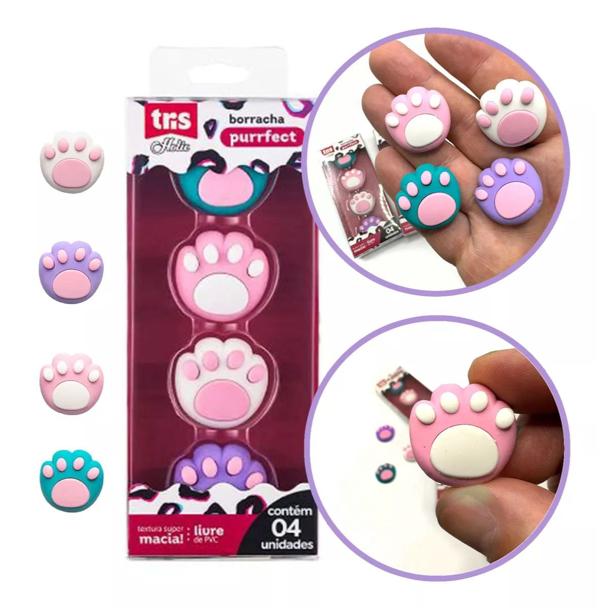 BORRACHA ESCOLAR HOLIC PURRFECT PATINHAS - 4 UNIDADES - TRIS