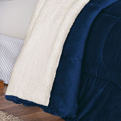Coberdrom Apollo King Sherpa Pele de Carneiro + Manta Flannel 1 Peça - Azul Marinho