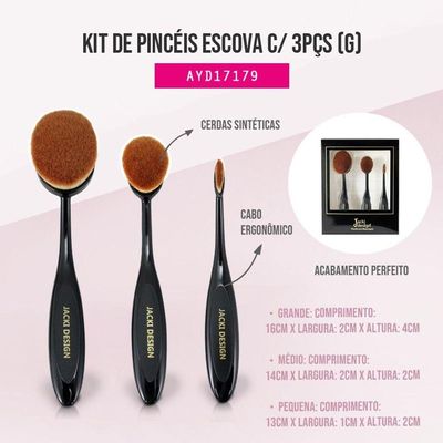 Kit De Pincéis Escova Com 3 Peças Jacki Design