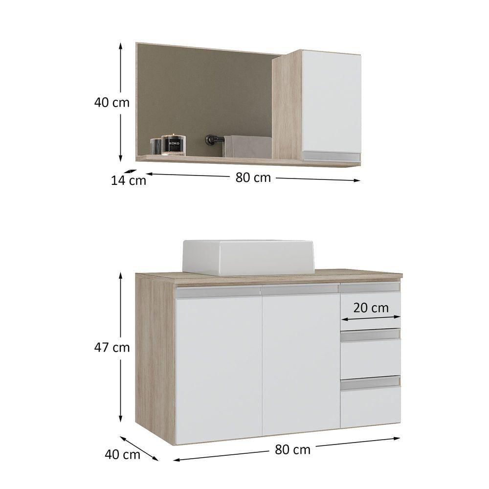 Conjunto Gabinete Banheiro Prisma 80cm Gabinete + Cuba + Espelheira Com Vidro Madeirado Branco