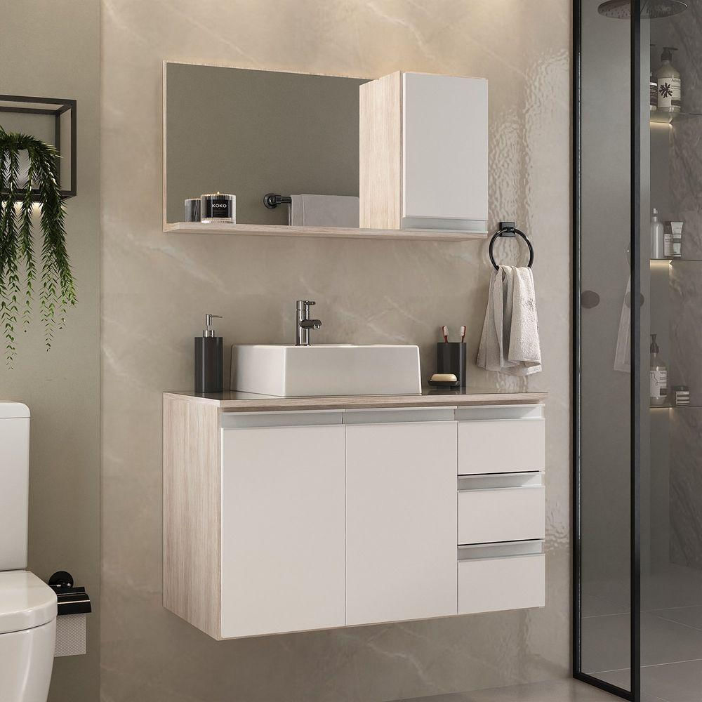 Conjunto Gabinete Banheiro Prisma 80cm Gabinete + Cuba + Espelheira Com Vidro Madeirado Branco