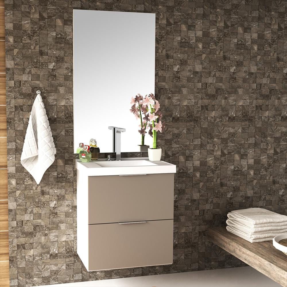 Conjunto Banheiro Gabinete 60cm Com Lavatório E Espelho Pietra B06 Gianduia Brilho - Lyam Decor