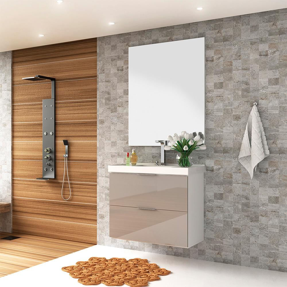 Conjunto Banheiro Gabinete 80cm Com Lavatório E Espelho Pietra B06 Gianduia Brilho - Lyam Decor