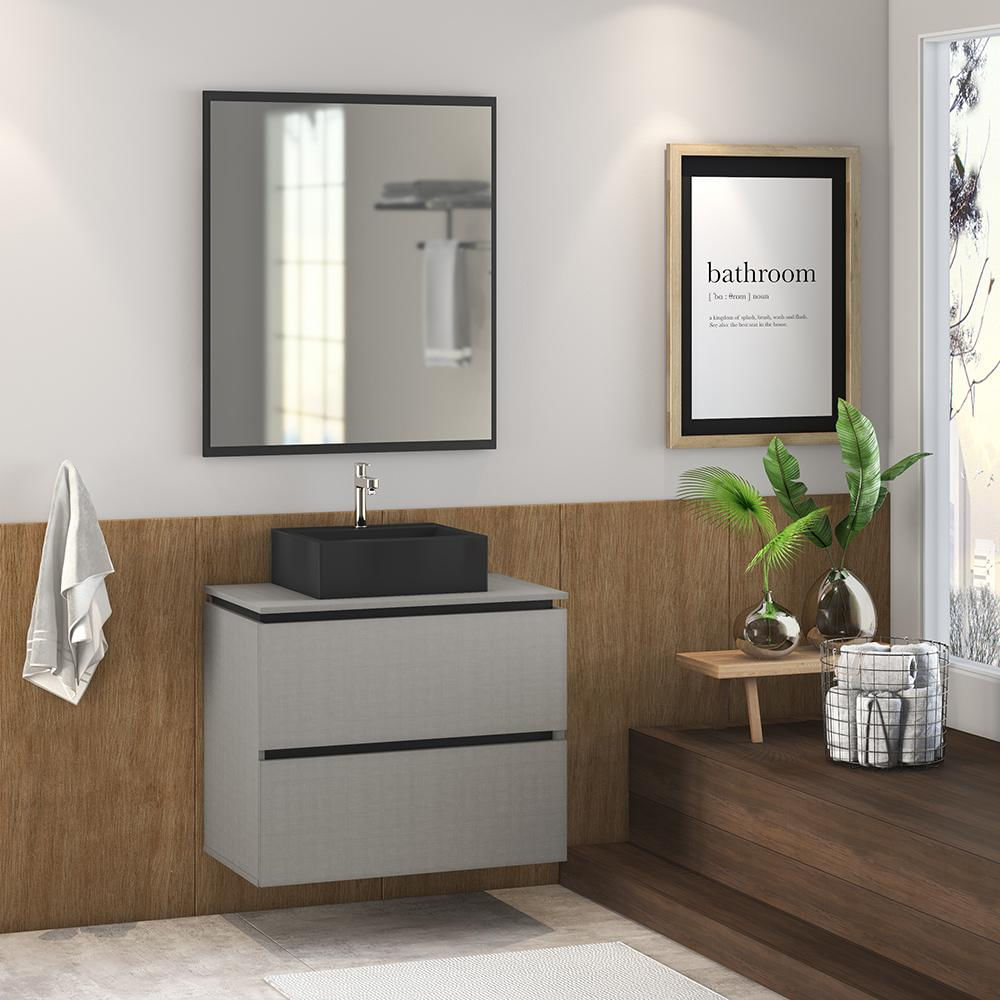 Conjunto Banheiro Gabinete 80cm 03 Gavetas Cuba 45x37 E Espelho Urban B06 Argento Preto - Lyam Decor