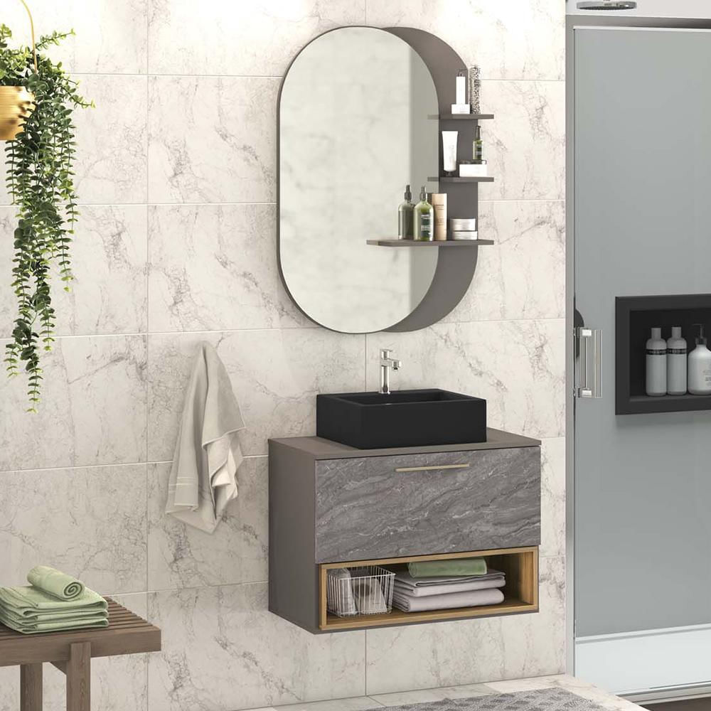 Conjunto Banheiro Gabinete Suspenso Com Cuba E Espelho Vicenza B06 Preto Magneto Nogal - Lyam Decor