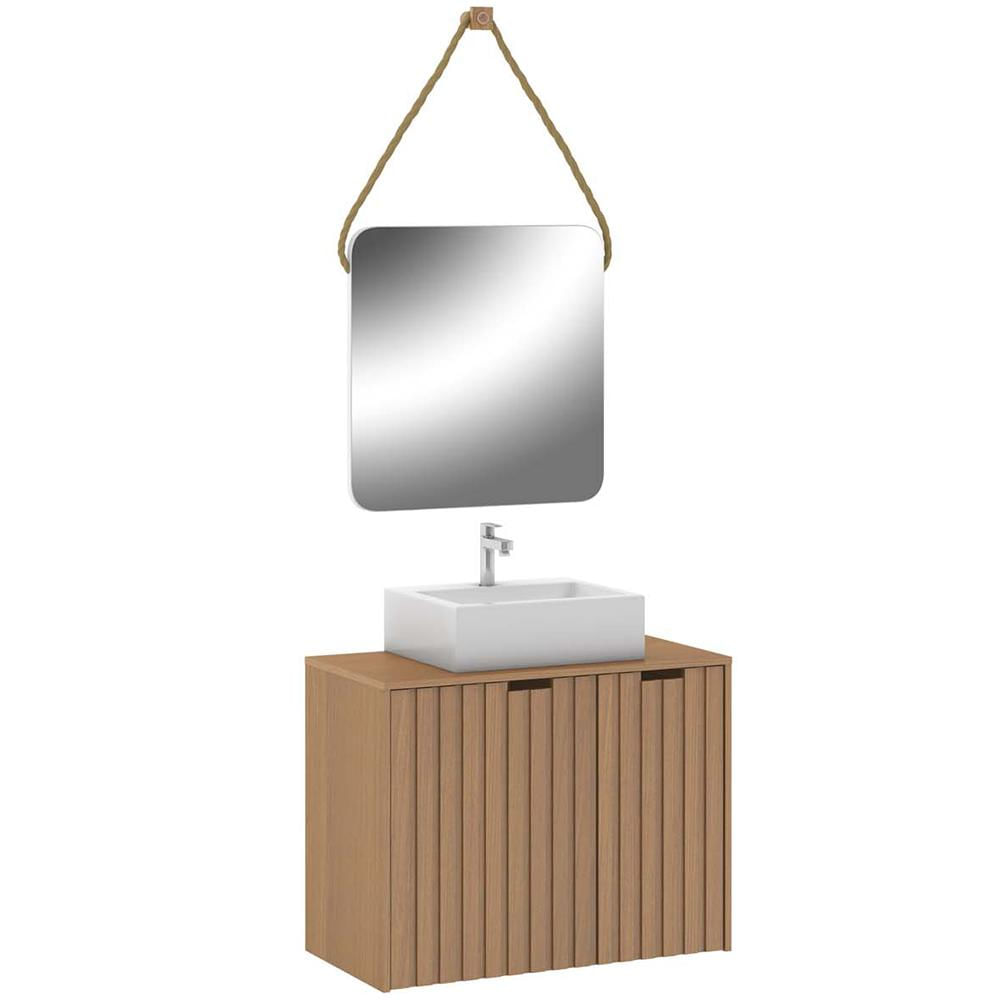 Conjunto Banheiro Gabinete 60cm Com Cuba E Espelho Nice B06 Nogal Noce Amêndoa - Lyam Decor