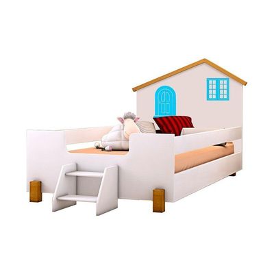 Cama Solteiro Casinha Branco Mel E Azul Com Colchão