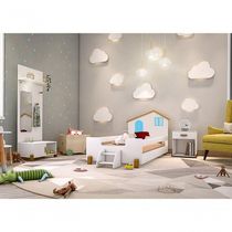 Cama Infantil Casinha Branco Mel E Azul Com 2 Luminárias E Colchão