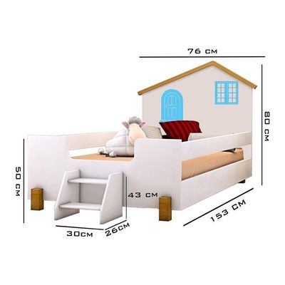 Cama Infantil Casinha Branco Mel E Azul Com 2 Luminárias E Colchão