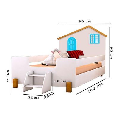 Cama Solteiro Casinha Branco Mel E Azul Com 2 Luminárias E Colchão