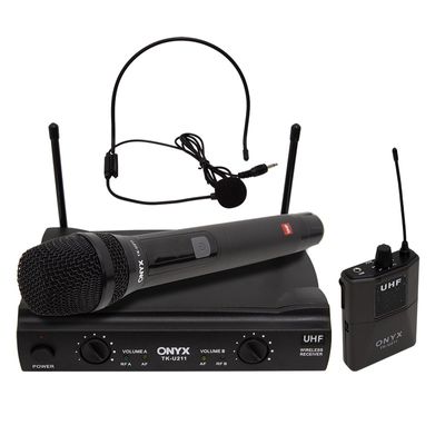 Kit Microfone sem Fio Duplo Mão e Headset TK U211 UHF com Suporte B18A e Espuma Onyx
