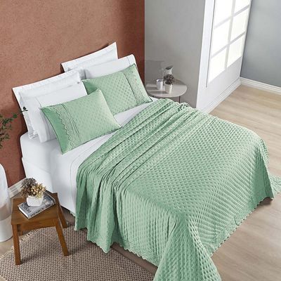 Kit Cobre Leito Colcha Nobre Casal King 3 Peças Micropercal 200 Fios Matelado - Verde Salvia