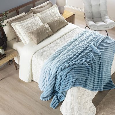 Coordenado Cobre Leito e Cobertor Fluflu Queen Ultrasoft Alto Relevo Dupla Face - Azul