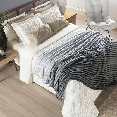 Coordenado Cobre Leito e Cobertor Fluflu Queen Ultrasoft Alto Relevo Dupla Face - Cinza