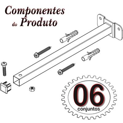 06 Suportes Refletor Base Reta Braço 20 Cm 6 Cjts - Preto