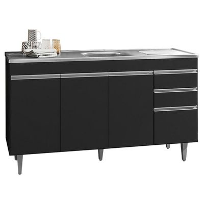 Balcão Gabinete Com Pia Inox 150Cm 3 Portas Andréia Preto