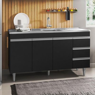 Balcão Gabinete Com Pia Inox 150Cm 3 Portas Andréia Preto