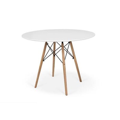 Conjunto De Mesa De Jantar Eames Eiffel Redonda 110cm Tampo De Madeira Branco Com 5 Cadeiras Brancas