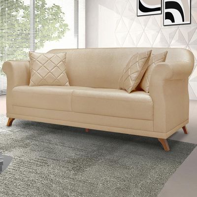 Sofa 3 Lugares Retro Polo 200cm Com Almofada Linho Dourado Ezz Dourado