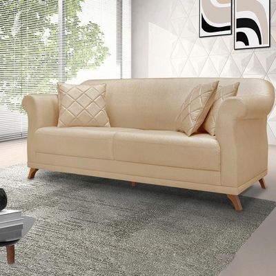 Sofa 3 Lugares Retro Polo 200cm Com Almofada Linho Dourado Ezz Dourado
