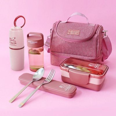 Bolsa Térmica Com 2 Compartimentos Pote Marmita e Garrafa Porta Talher e Porta Escova Rosa