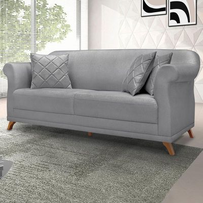 Sofa 3 Lugares Retro Polo 200cm Com Almofada Linho Cinza Ezz Cinza