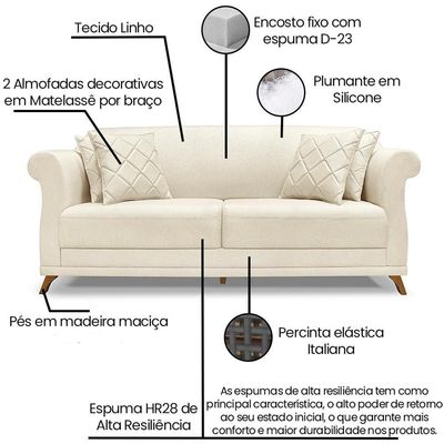 Sofa 2 Lugares Retro Polo 180cm Com Almofada Linho Natural Ezz Natural