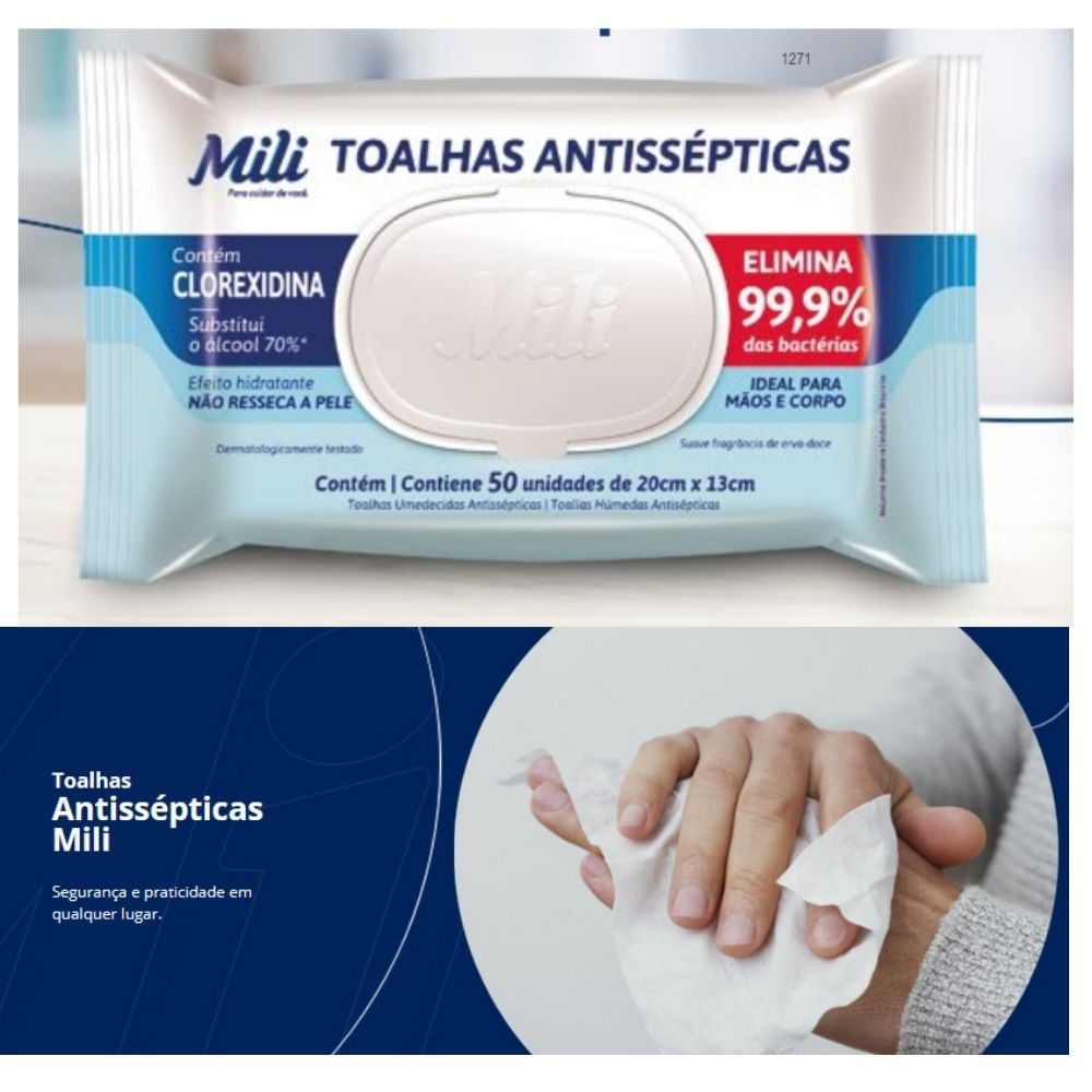 Lenço Umedecido ou Toalhas Antissépticas Mili  6 pacotes c/ 50 (total: 300 toalhas)