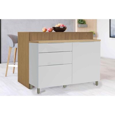 Bancada Ilha Cozinha Marquesa c/ 1 Porta e 3 Gavetas 120cm Branca/Nature - Nesher