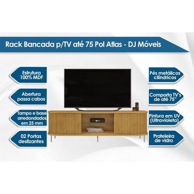 Rack Bancada c/ Painel p/ TV até 75 Pol Atlas Ripado 2 Portas 218x62cm Cedro - DJ Móveis