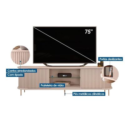 Rack Bancada c/ Painel p/ TV até 75 Pol Atlas Ripado 2 Portas 218x62cm Cedro - DJ Móveis