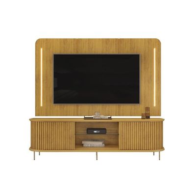 Rack Bancada c/ Painel p/ TV até 75 Pol Atlas Ripado 2 Portas 218x62cm Cedro - DJ Móveis