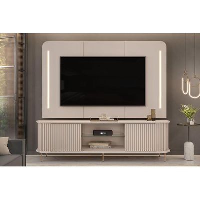 Rack Bancada c/ Painel p/ TV até 75 Pol Atlas Ripado 2 Portas 218x62cm Off White - DJ Móveis
