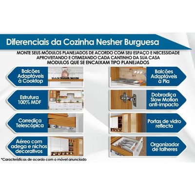 Bancada Ilha Cozinha Burguesa c/ 2 Portas e 3 Gavetas 120cm Freijó/Branco - Nesher