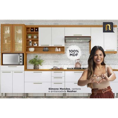 Bancada Ilha Cozinha Burguesa c/ 2 Portas e 3 Gavetas 120cm Freijó/Branco - Nesher