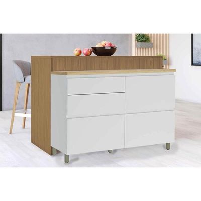 Bancada Ilha Cozinha Rainha c/ 1 Porta e 4 Gavetas 120cm Branca/Nature - Nesher