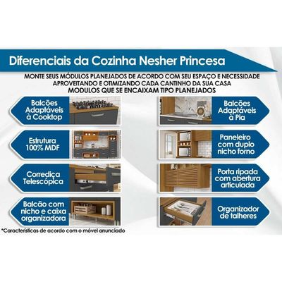 Bancada Ilha Cozinha Princesa c/ 1 Porta e 2 Gavetas 120cm Freijo/Off White - Nesher