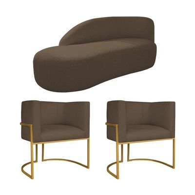 Kit Divã Luna 160cm Lado Esquerdo E 02 Poltronas Base De Ferro Dourado Suede Marrom