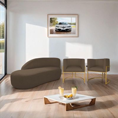 Kit Divã Luna 160cm Lado Esquerdo E 02 Poltronas Base De Ferro Dourado Suede Marrom