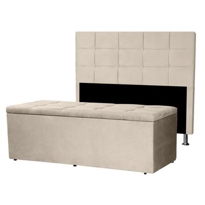 Kit Cabeceira E Calçadeira Baú Casal 1,40m Roma Suede Bege Sky Mobile