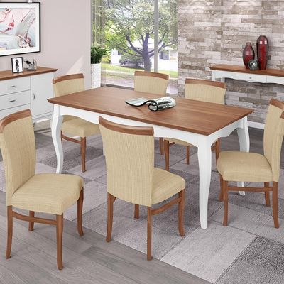 Mesa Sala de Jantar Cozinha Gallia 160cm Madeira Maciça e MDF Branco/Imbuia - Gran Belo