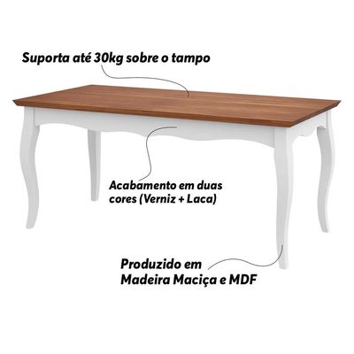Mesa Sala de Jantar Cozinha Gallia 180cm Madeira Maciça e MDF Branco/Imbuia - Gran Belo