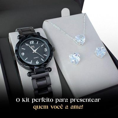 Relogio Feminino Aço Preto + Caixa + Brincos Delicado Social